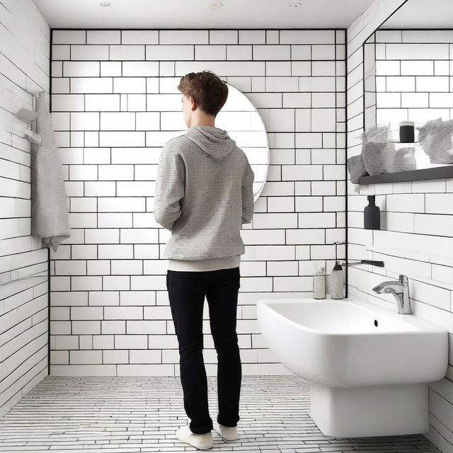 A teenager standing in a modern bathroom, looking at the mirror