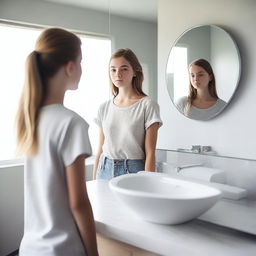 A teenager standing in a modern bathroom, looking into the mirror