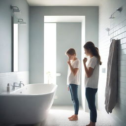 A teenager standing in a modern bathroom, looking into the mirror