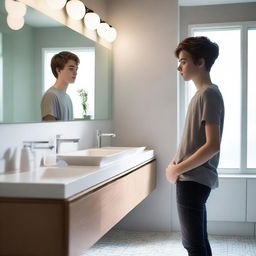 A teenager standing in a modern bathroom, looking into the mirror