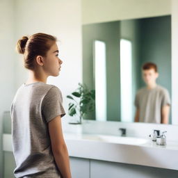 A teenager standing in a modern bathroom, looking into the mirror