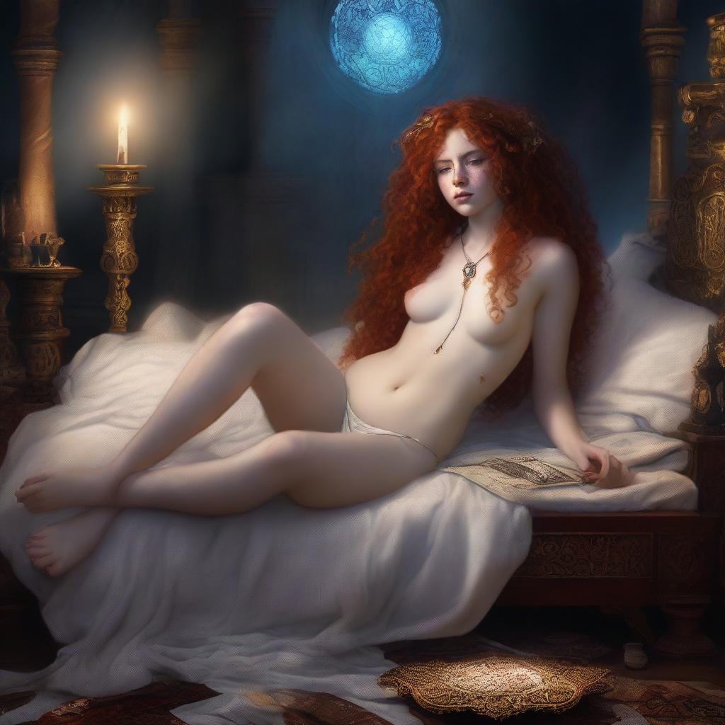 A full-body image of a freckled, curly redhead priestess wearing a white thong, laying down on a bed in a fantasy setting