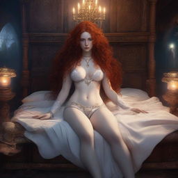 A full-body image of a freckled, curly redhead priestess wearing a white thong, laying down on a bed in a fantasy setting