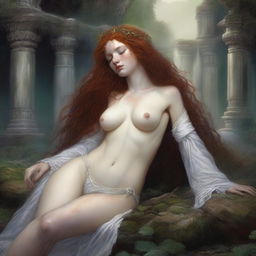 A full body image of a freckled curly redhead priestess in a white thong laying down crying in a fantasy setting