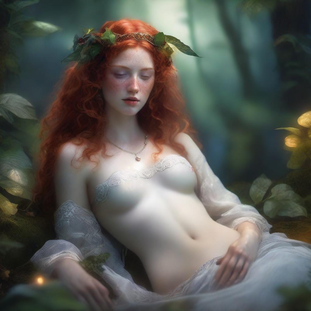 A full body image of a freckled, curly redhead priestess in a fantasy setting