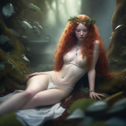 A full body image of a freckled, curly redhead priestess in a fantasy setting