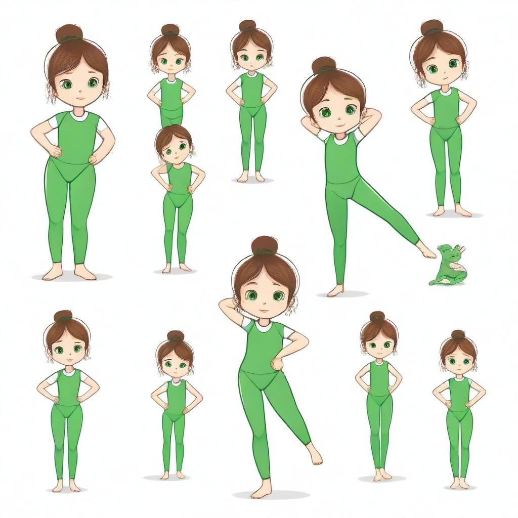 Draw an 8-year-old girl with brown hair and green eyes