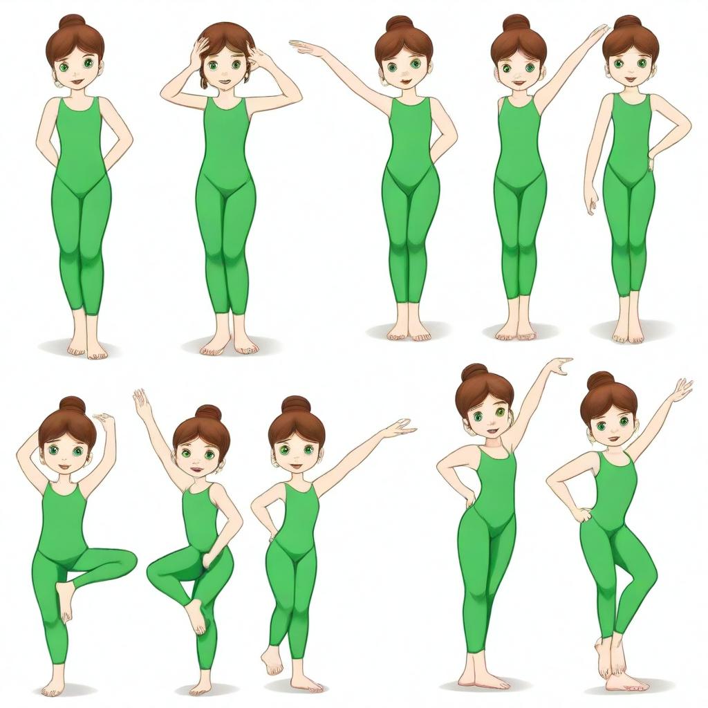 Draw an 8-year-old girl with brown hair and green eyes
