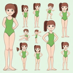 Draw an 8-year-old girl with brown hair and green eyes