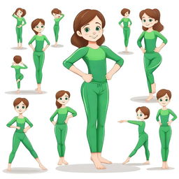 Draw an 8-year-old girl with brown hair and green eyes in a 2D style