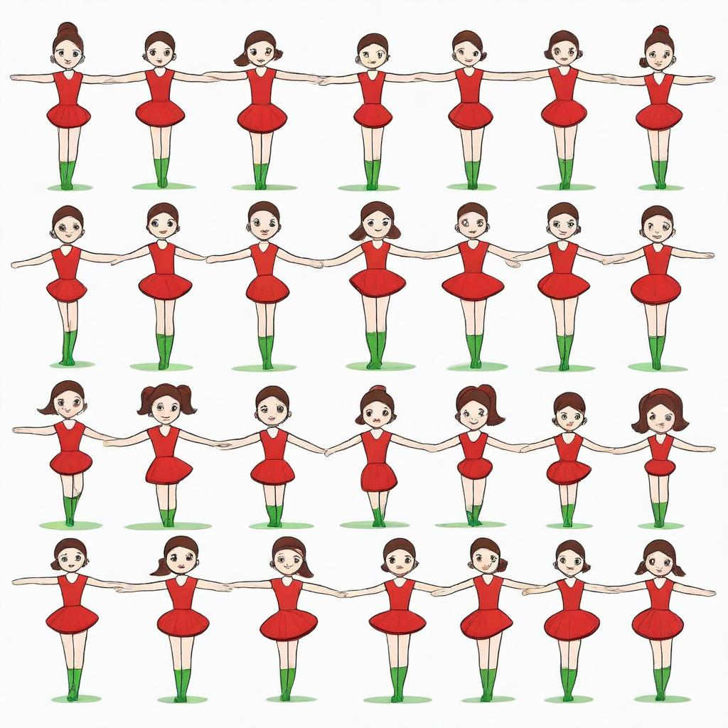 Draw an 8-year-old girl with brown hair and green eyes in a red gymnastic dress