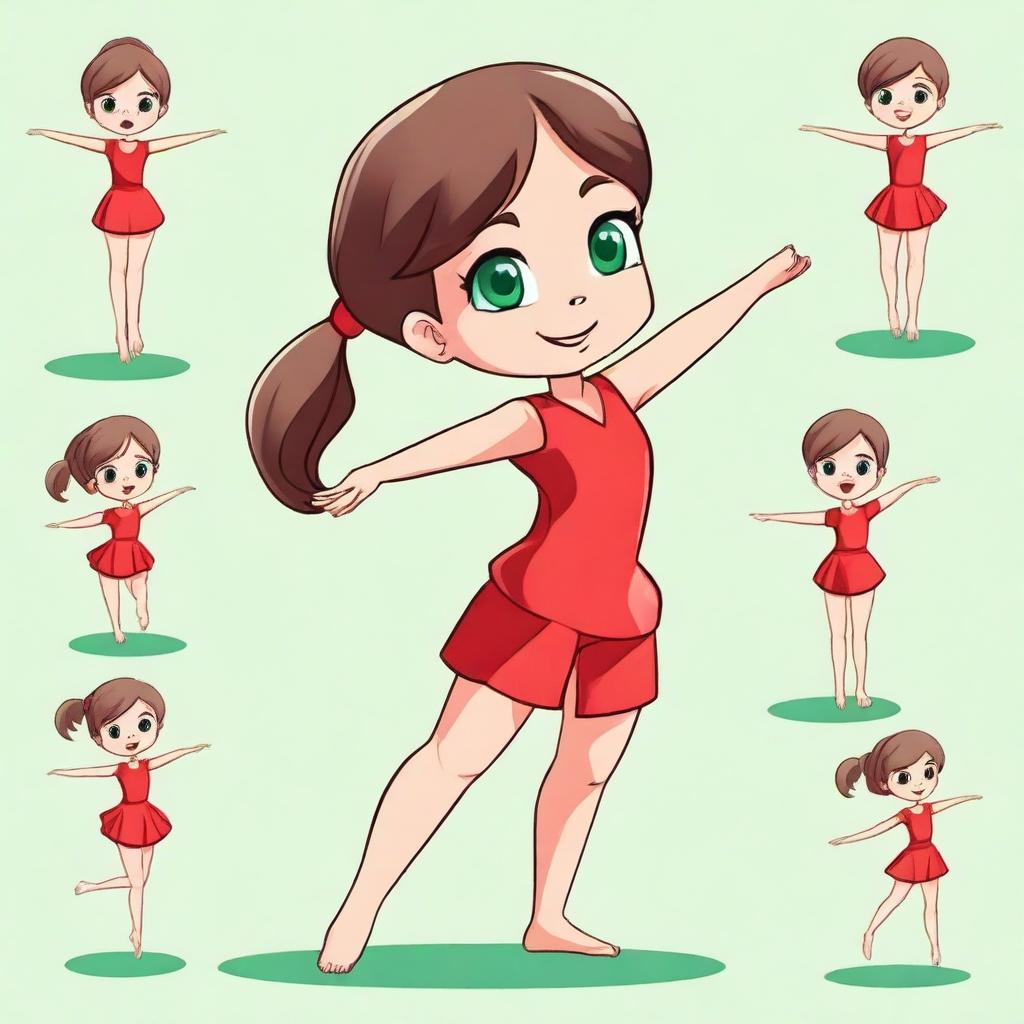 Draw an 8-year-old girl with brown hair and green eyes in a red gymnastic dress