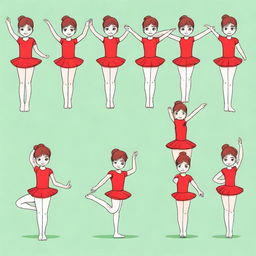 Draw an 8-year-old girl with brown hair and green eyes in a red gymnastic dress