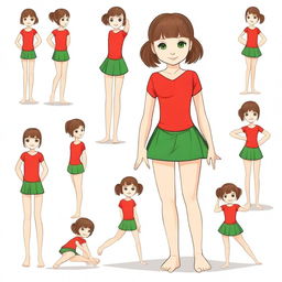 Draw an 8-year-old girl with brown hair and green eyes in a red gymnastic dress