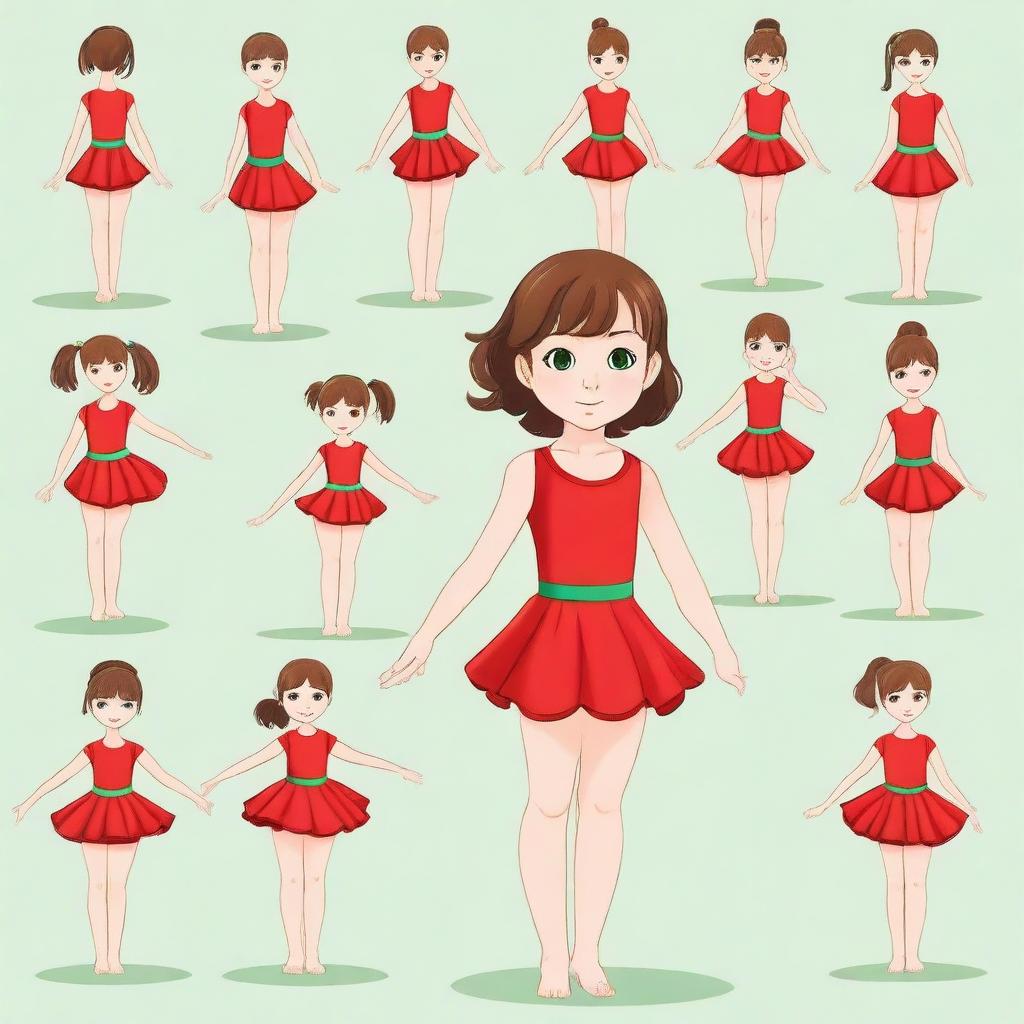 Draw an 8-year-old girl with brown hair and green eyes in a red gymnastic dress