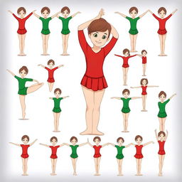 Draw an 8-year-old girl with brown hair and green eyes in a red gymnastic dress