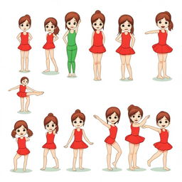 Draw an 8-year-old girl with brown hair and green eyes in a red gymnastic dress