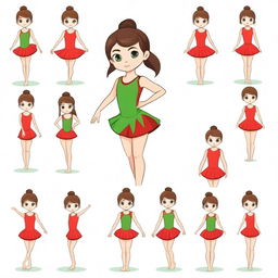 Draw an 8-year-old girl with brown hair and green eyes in a red gymnastic dress