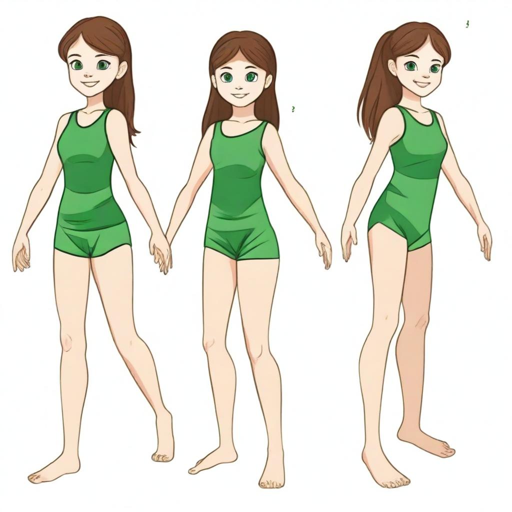 Draw an 8-year-old girl with brown hair and green eyes