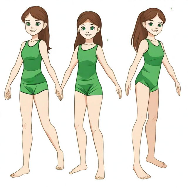 Draw an 8-year-old girl with brown hair and green eyes