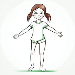 Draw an 8-year-old girl with brown hair and green eyes