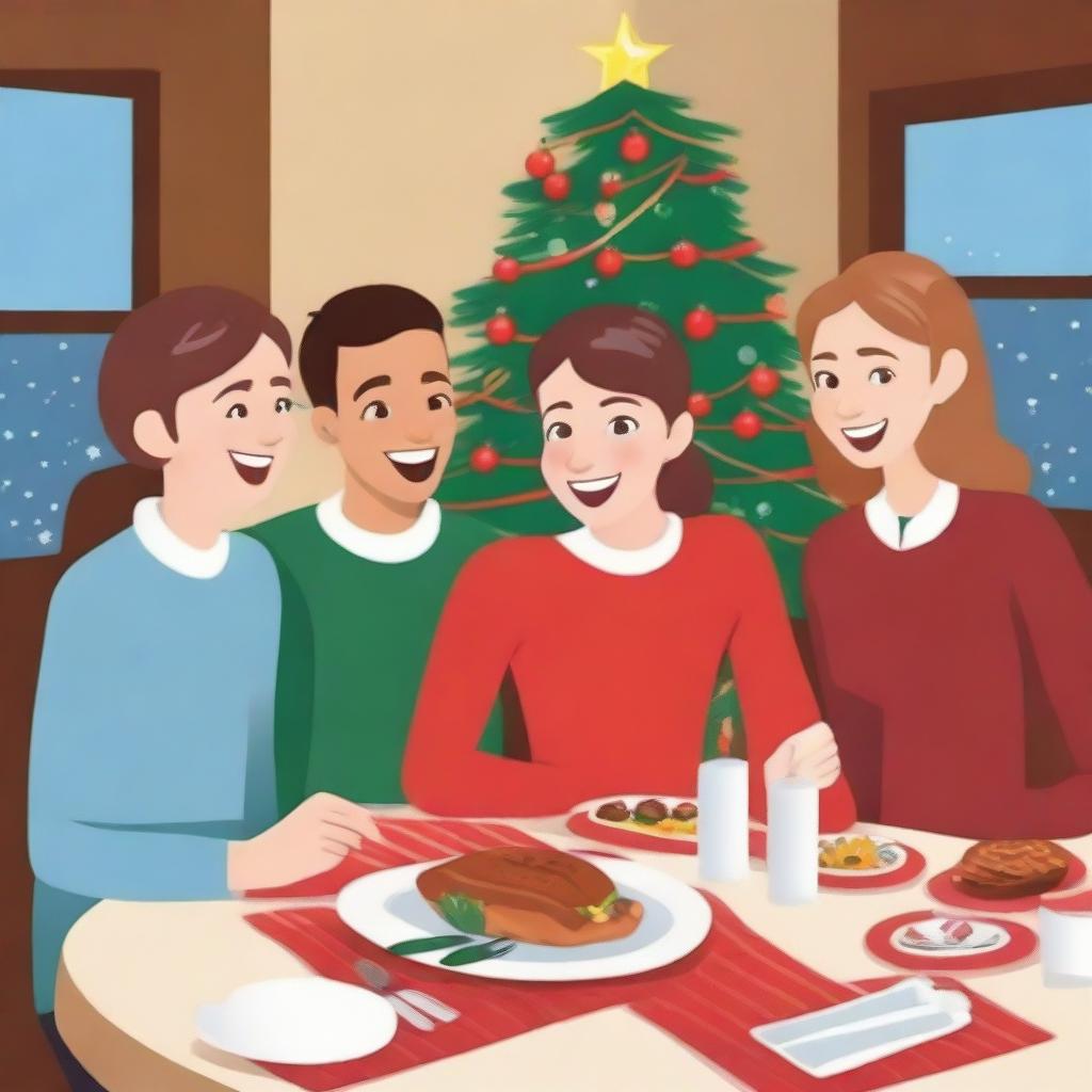 Create a movie poster featuring four cousins sitting at a table during Christmas dinner