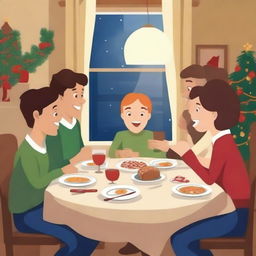 Create a movie poster featuring four cousins sitting at a table during Christmas dinner