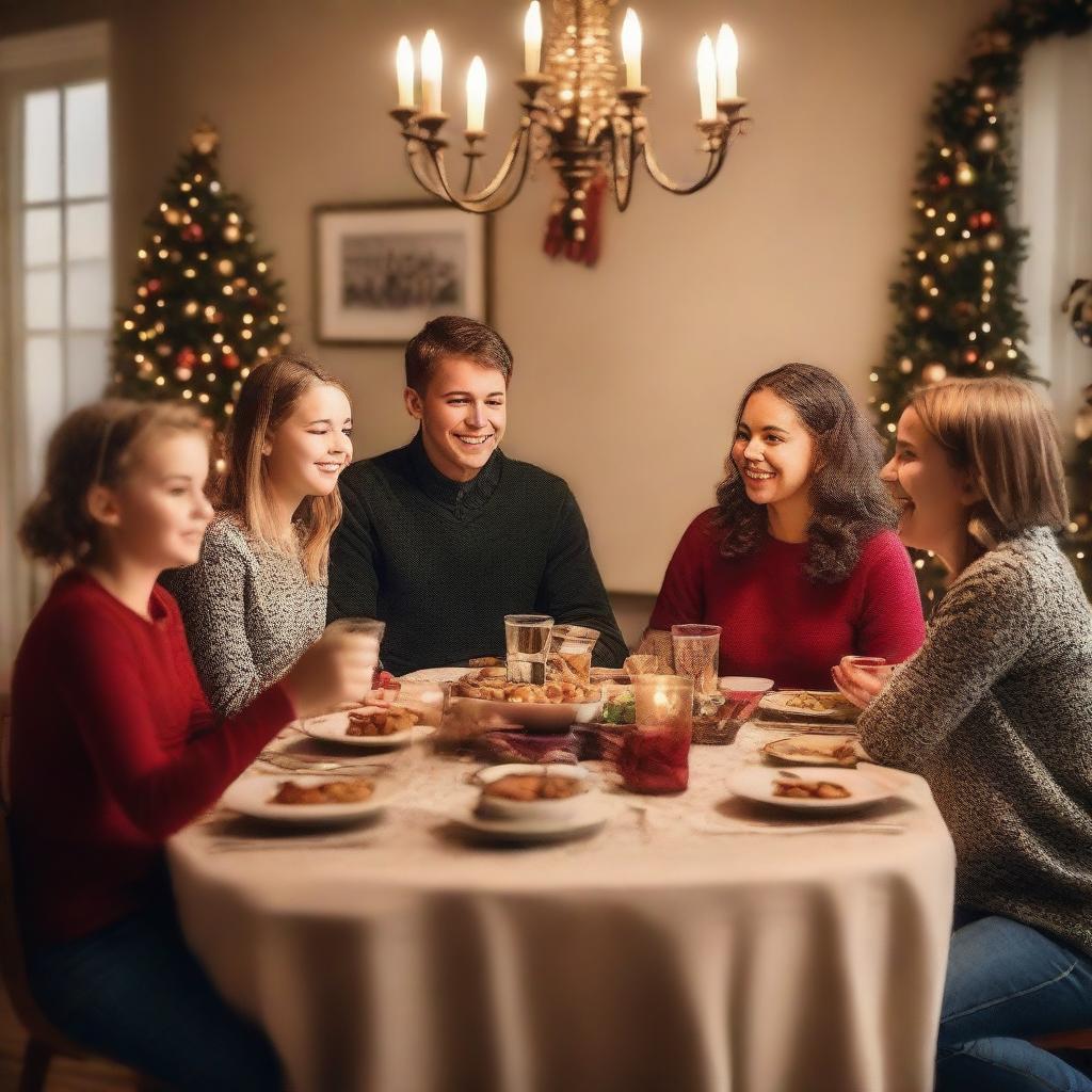 Create a movie poster featuring four cousins sitting at a table during Christmas dinner