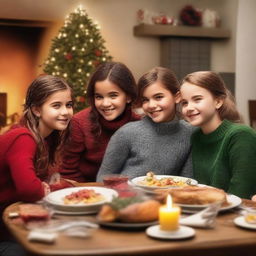 Create a movie poster featuring four cousins sitting at a table during Christmas dinner