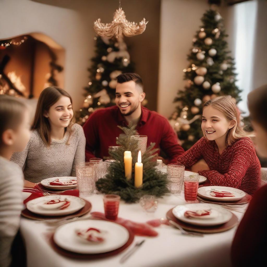 Four cousins sitting at a festive table during Christmas, seen from a distance