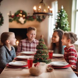 Four cousins sitting at a festive table during Christmas, seen from a distance