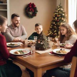 Four cousins sitting at a festive table during Christmas, seen from a distance