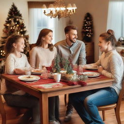 Four cousins sitting at a festive table during Christmas, seen from a distance