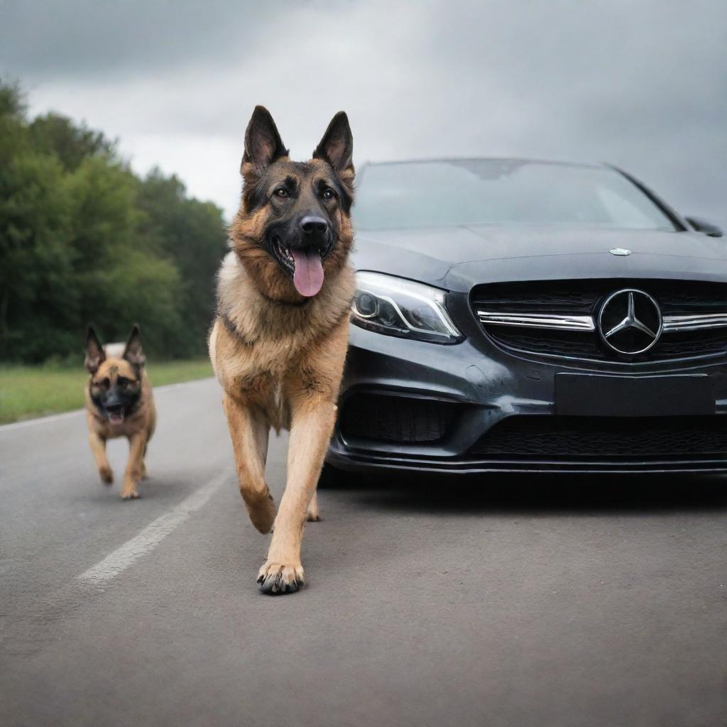 An intense scene showing a prowling German Shepherd displaying an angry expression next to an imposing C63 AMG.