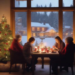 A cozy Christmas scene viewed from outside a window