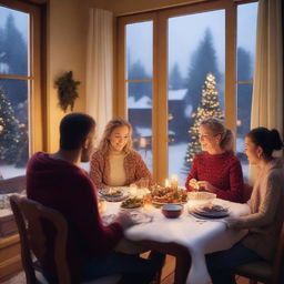 A cozy Christmas scene viewed from outside a window