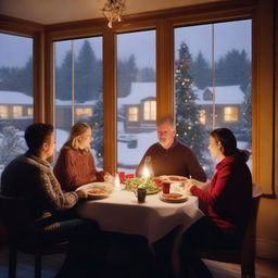 A cozy Christmas scene viewed from outside a window