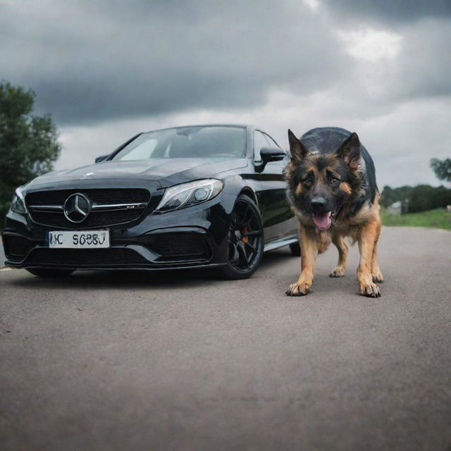 An intense scene showing a prowling German Shepherd displaying an angry expression next to an imposing C63 AMG.