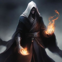 A dark elf man with white hair and no beard, wearing a black robe and a hood