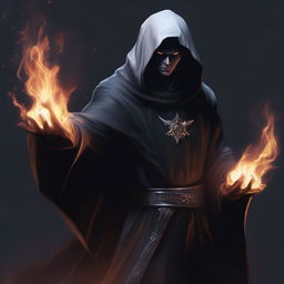 A dark elf man with white hair and no beard, wearing a black robe and a hood