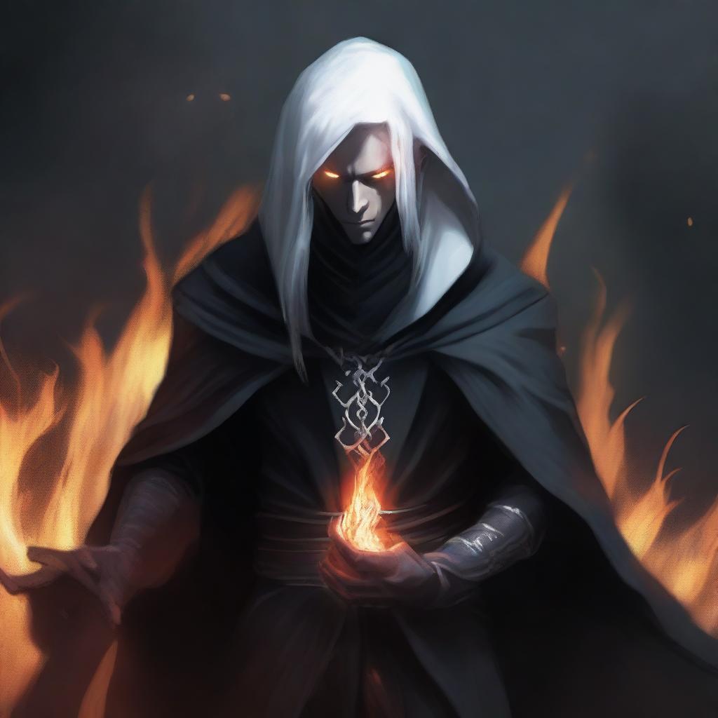 A dark elf man with white hair and no beard, wearing a black robe and a hood