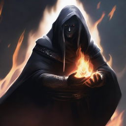 A dark elf man with white hair and no beard, wearing a black robe and a hood