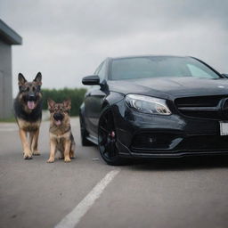 An intense scene showing a prowling German Shepherd displaying an angry expression next to an imposing C63 AMG.