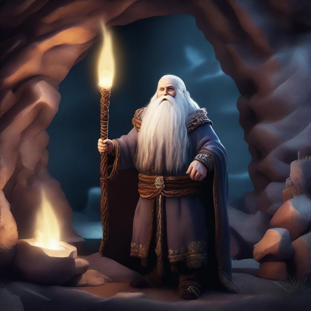 A powerful dwarven sorcerer casting a spell in a mystical cave