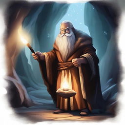 A powerful dwarven sorcerer casting a spell in a mystical cave