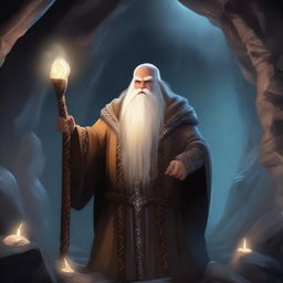 A powerful dwarven sorcerer casting a spell in a mystical cave