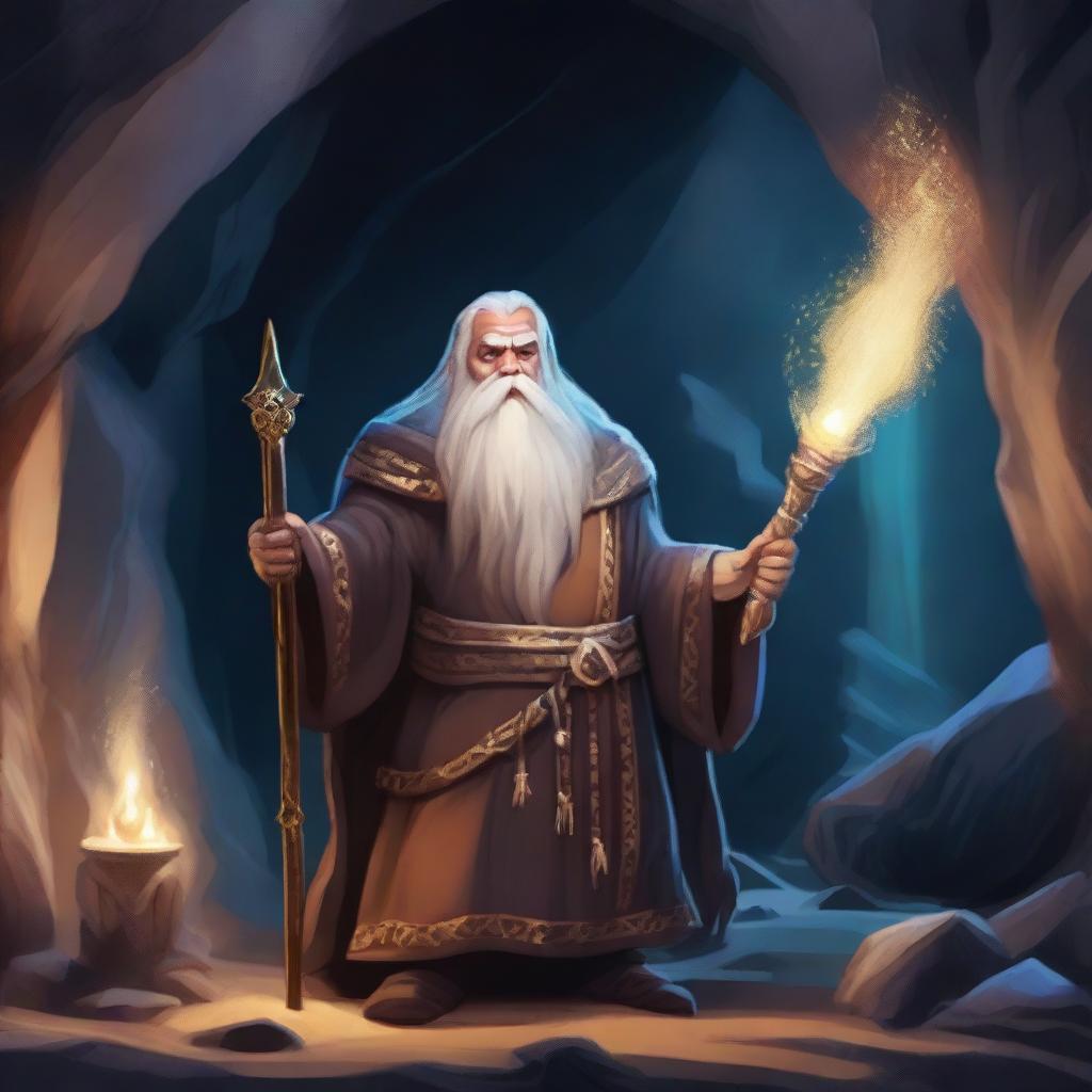 A powerful dwarven sorcerer casting a spell in a mystical cave