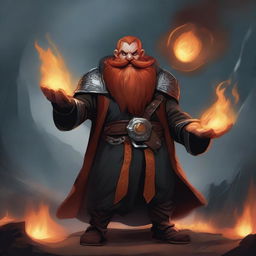 A warlock class dwarf with a fiery beard and a steel ring