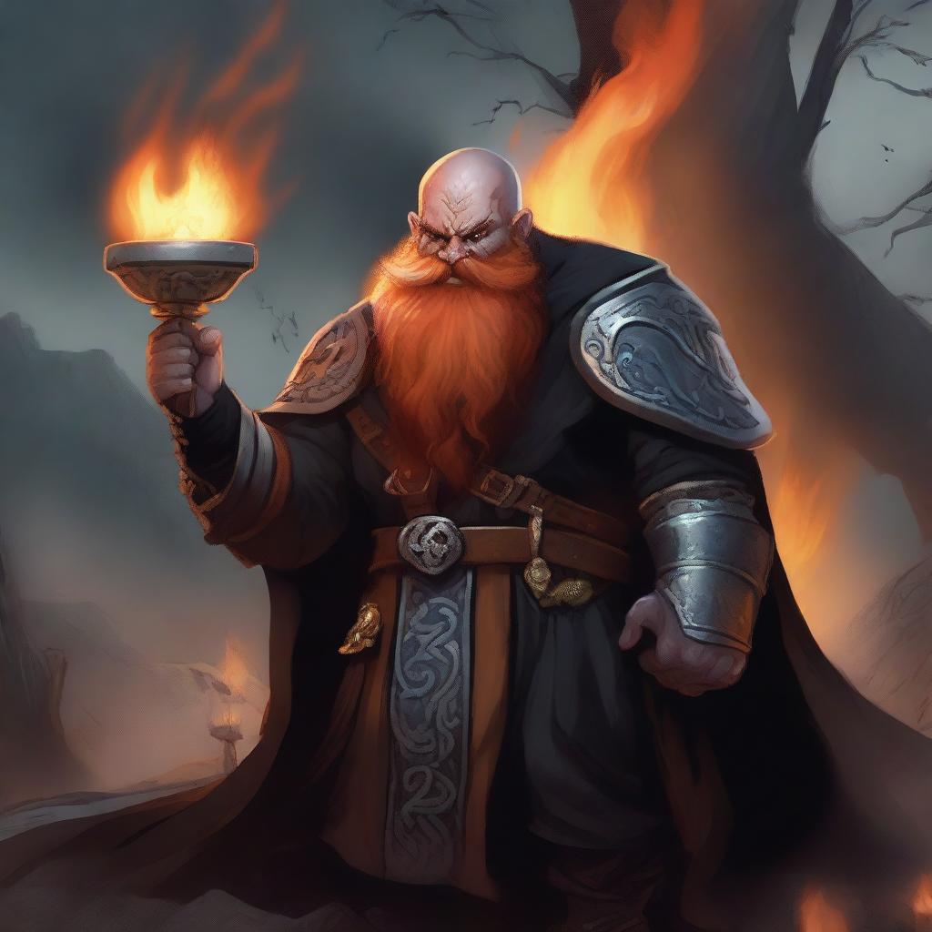 A warlock class dwarf with a fiery beard and a steel ring