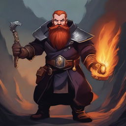 A warlock class dwarf with a fiery beard and a steel ring